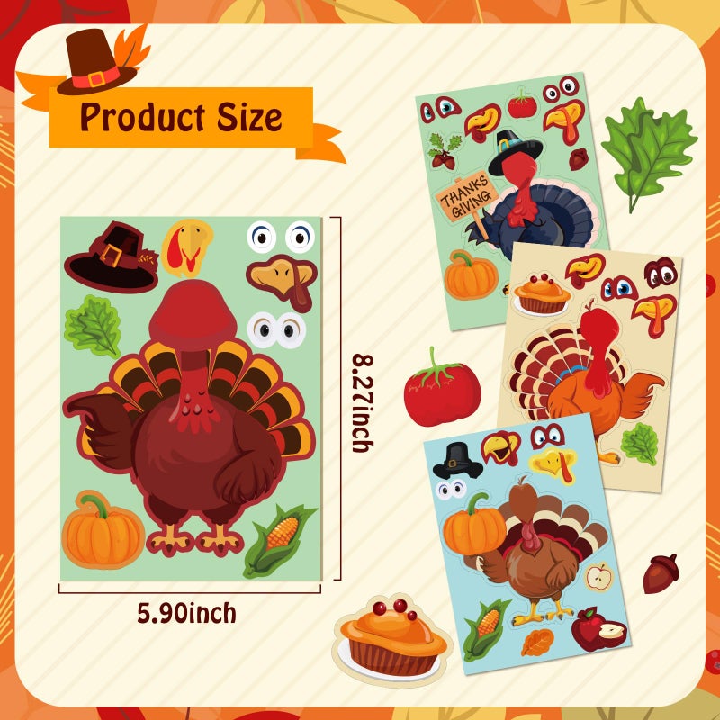 Max Fun 48 Pack Thanksgiving Stickers for Kids Make-A-Turkey Stickers Crafts Thanksgiving Party Games Activities Supplies for Goody Bag Filler - Image 2